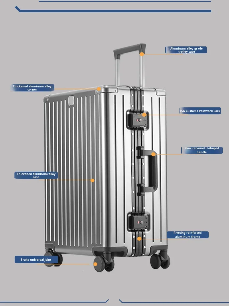 High-End Carry-On Case New Design Full Aluminum Suitcase with Brake Spinner Wheels Anti-Theft Modern Style Luggage 20 Inch details