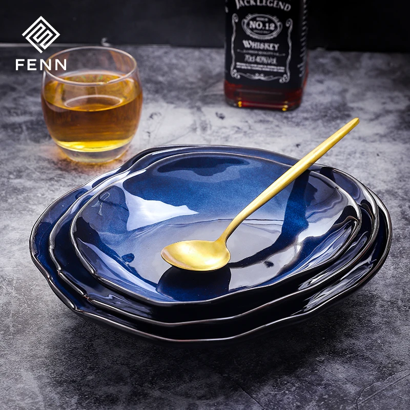 product fenn luxury ceramic tableware modern hotel dish plate blue glazed porcelain catering dinner soup plate set dish  plate-62