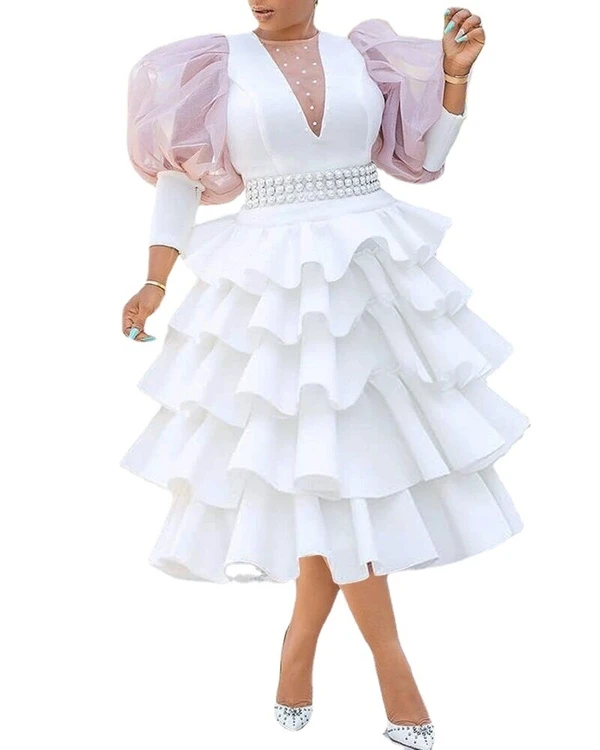 New Style Autumn Spring Sweet Girl High Waist Large Size White Round Neck Puff Sleeve Beading Women Casual  Princess Dress