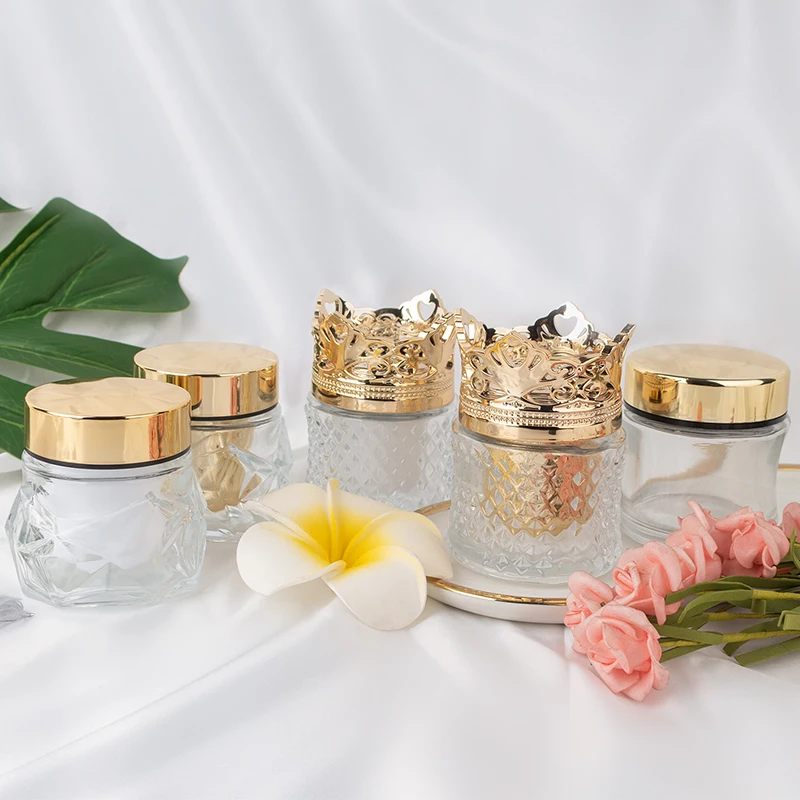 50g 100g Refillable Skincare Packaging Face Cream Glass Jar Crown Lid Special Plastic Gold Cap Jar