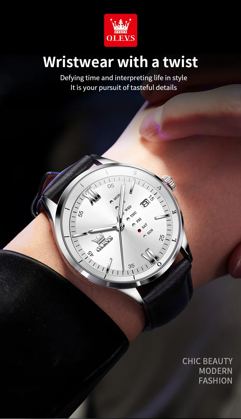 OLEVS 2931 Original Leather Strap Fashion Waterproof Quartz Top Brand Luxury Men's Wrist Watch Men Business Luminous Watches
