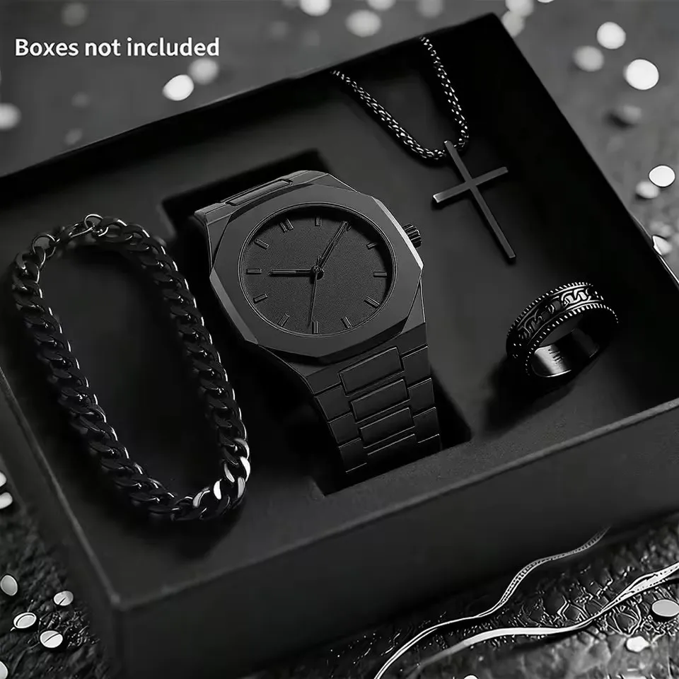 1158 Cs008 Gift Set Four Piece Black Rings Bracelets Necklaces Muslim Quartz Watch Witho