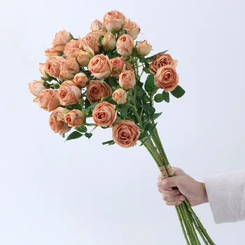 European Retro Style Artificial Burnt Edge Rose Bunch Flower 12 Heads Bridal Holding Bunch Flower For Wedding