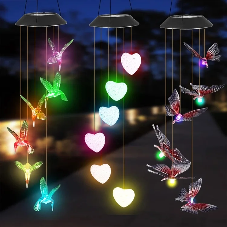 Solar Powered LED Wind Chime Light 6LED Colorful Love Heart Dragonfly Wind Portable Wind Chime Outdoor Decorative