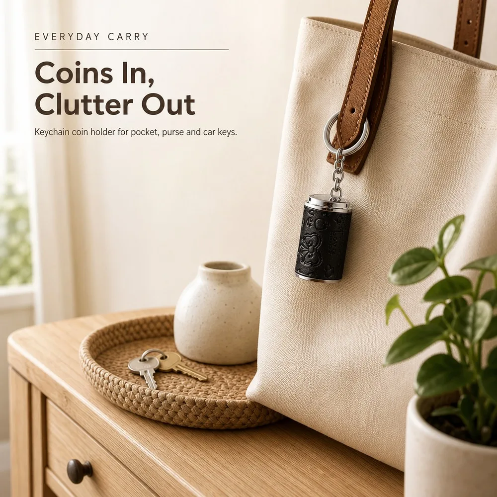 Metal Coin Bank Keychain Spring Loaded Coin Holder Keyring with Embossed PU Leather Wrap Cylinder Coin Case in 6 Colors