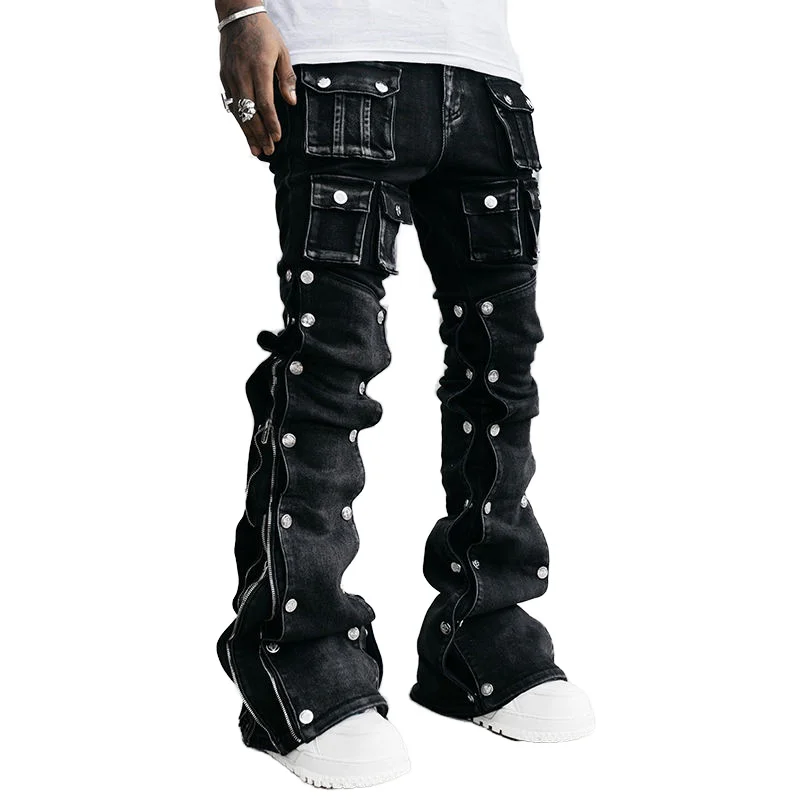 Salati Men's High Acid Wash Vintage Baggy Cargo Jeans Custom Wholesale Streetwear Multi-Pockets Distressed Slim Fit Stacked