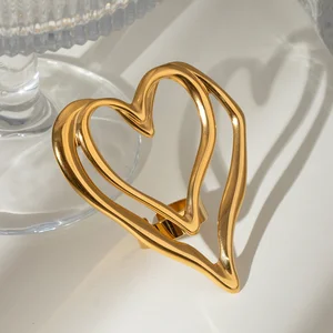 Ilona Double-Layer Stainless Steel Exaggerated Heart Ring Adjustable Open Rings Fashionable Irregularity Gold Plated Ring