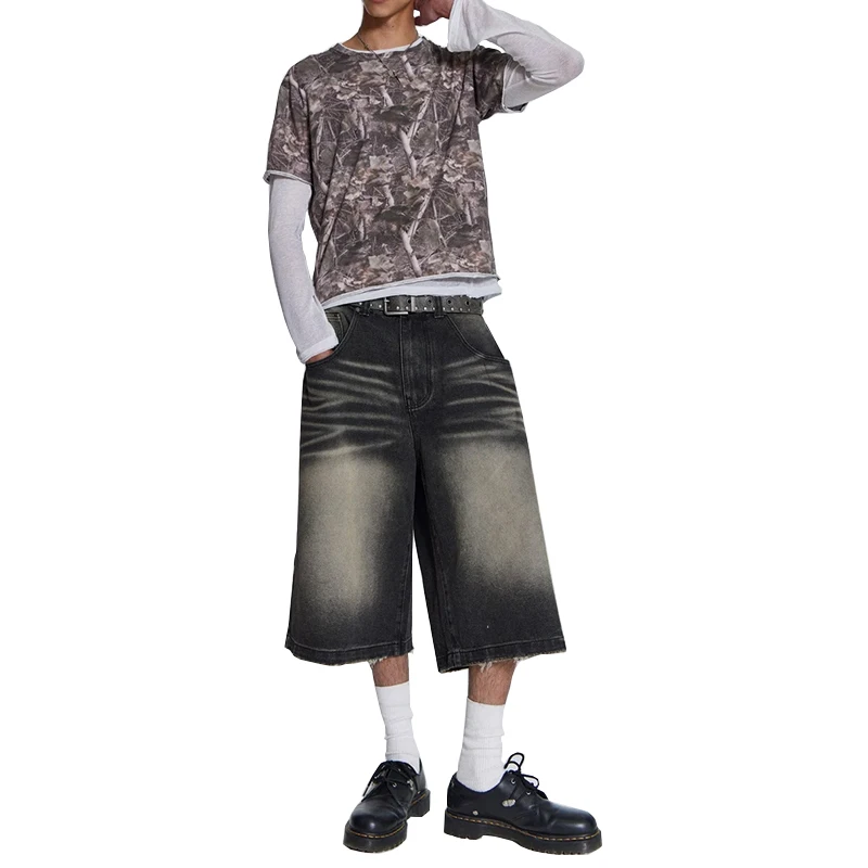 vintage washed denim baggy、黒T まとめ買い Custom Vintage Washed Black Loose Low Rise Jorts Streetwear