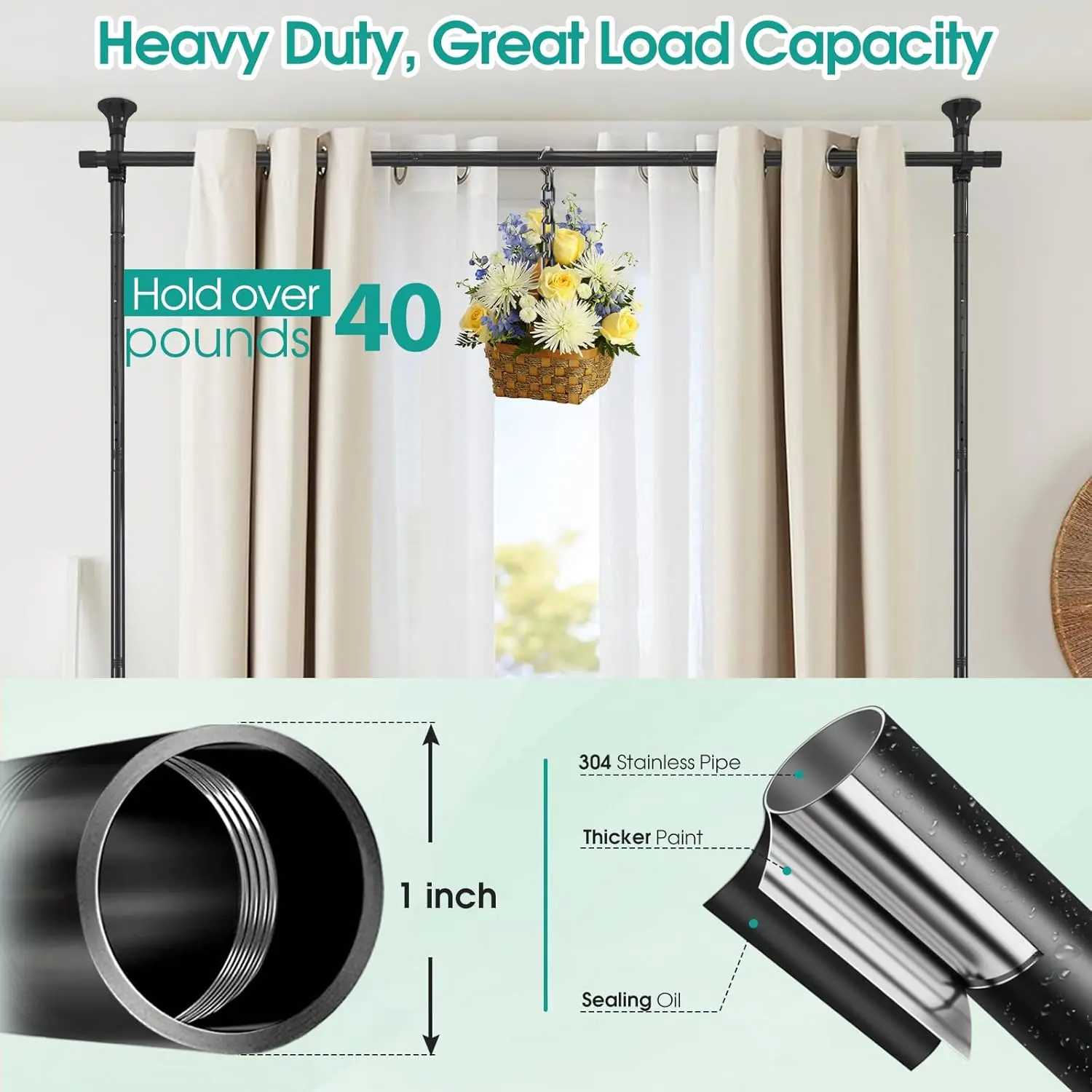 YIJIALE Curtain Rod Partition Hanging Adjustable Curtain Room Dividers Room Separation Floor to Ceiling Self Stand Room Divider