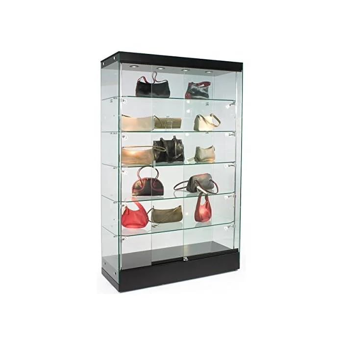 4ft Frameless Glass Showcase with LED Lighting 5 Shelves Sliding Door ...