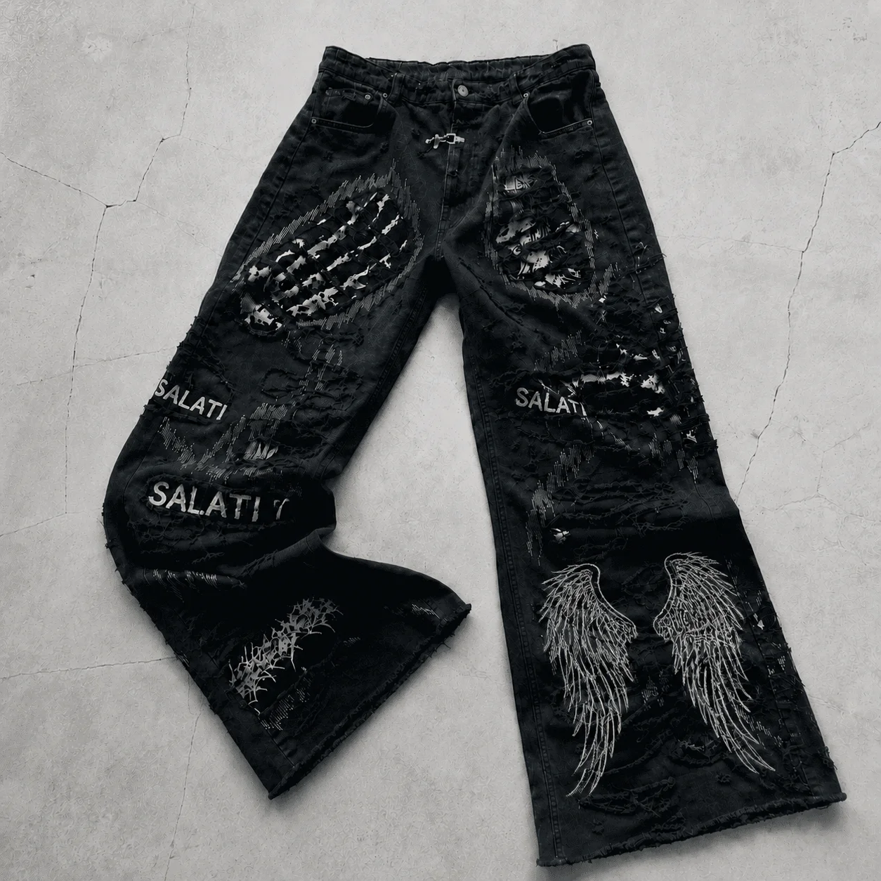 Wholesale Custom Logo Black Distressed Patchwork Denim Jeans Raw Hem Baggy Wide Leg Streetwear Vintage Wear Men Denim Jeans gallery 7