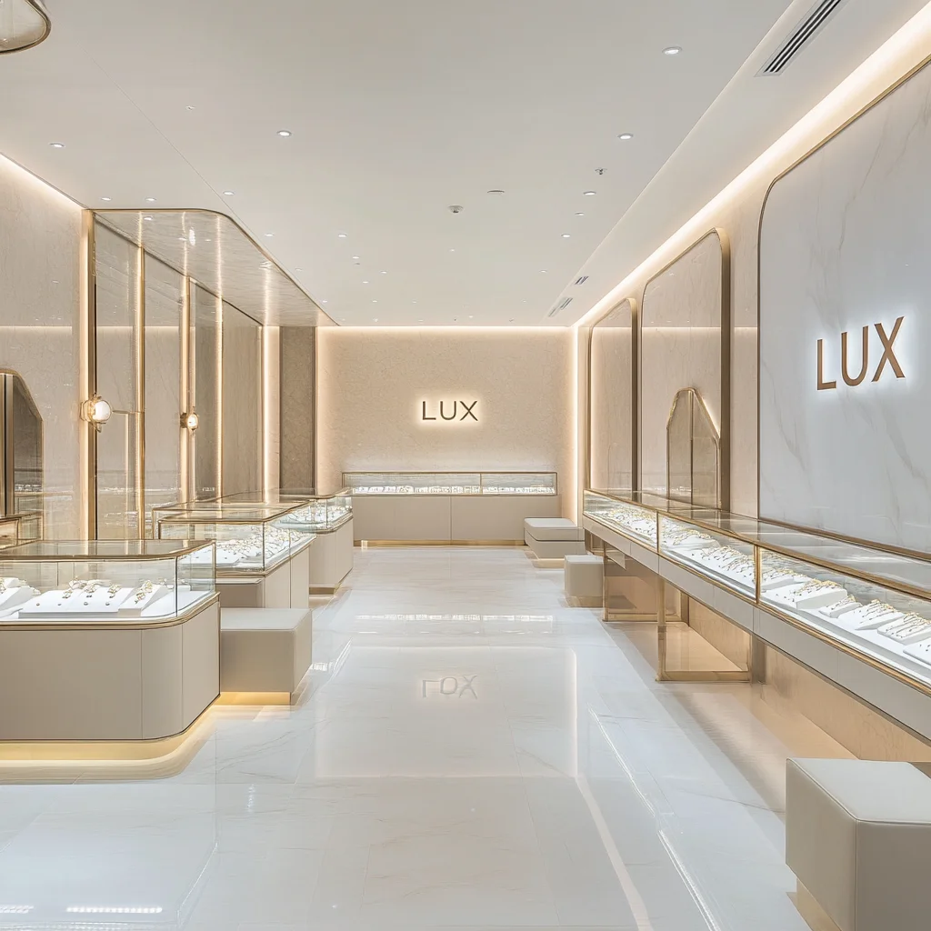 LUX Custom Modern Dubai Jewellery Display High Quality Wood Jewelry Display Showcase Shop Interior Decor Design