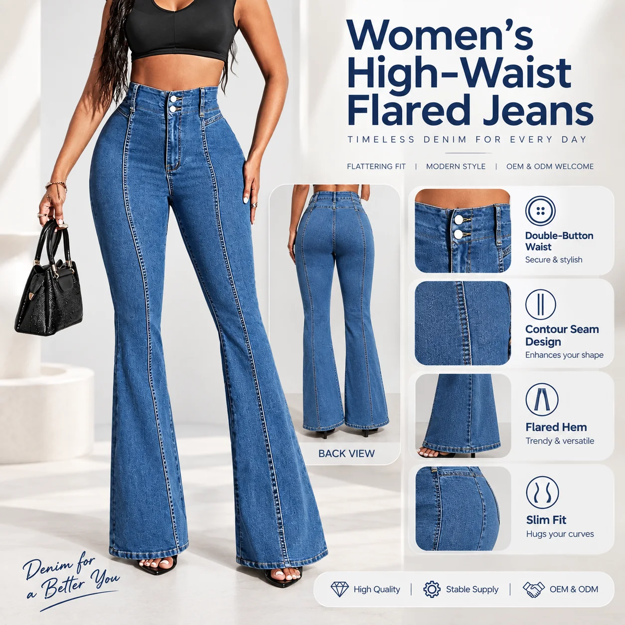 European Women's New Spring Autumn Front Back Splicing Mid-waist Regular for Wash Full-Length Denim Flare Pants