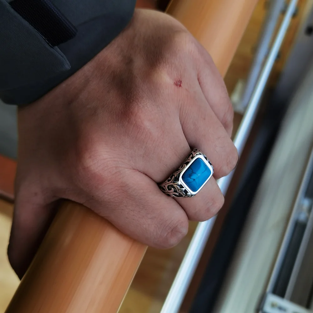 Real Pure 925 Sterling Silver Rings for Men Blue Natural Crystal Stone Mens  Ring Vintage Hollow Engraved Flower Fine Jewelry