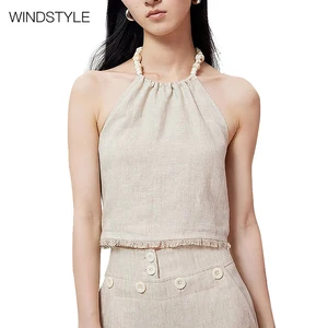 Custom Ladies' Casual 100% Linen Top Breathable Woven Fabric Halter Collar Sleeveless