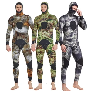 SBART 3mm Camouflage Neoprene Wetsuit 2-Piece Set Long Sleeve Hooded Diving Suit for Adults Spearfishing Freediving Surfing