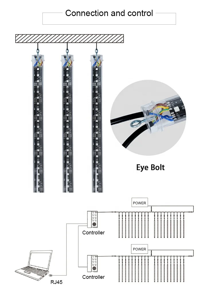Event Stage Light DMX 3D LED Meteor Tube  Programmable 24V RGBIC LED Rain Light  for  Event Ceiling Decoration