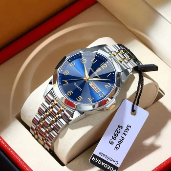 POEDAGAR 852 Watch Men Stainless Steel Date Week Display Quartz Wrist watch Men's Waterproof Fashion Luxury Luminous Watches Man