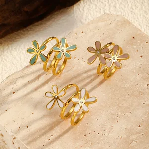 MW Wholesale Vintage-Style 18K Gold-Plated Stainless Steel Adjustable Teardrop Floral  Flower Ring Tarnish Free Women Ring