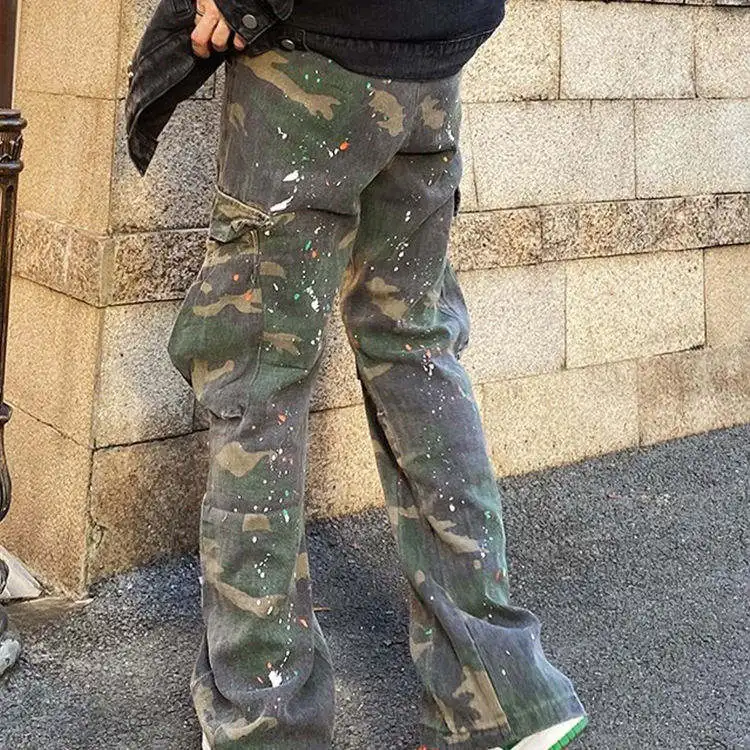 Men's Custom Printing Straight Leg Camo Cargo Pants Lightweight Mid Waist Elastic Closure Casual Oversize Style