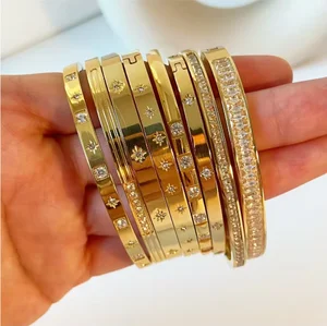 New Waterproof Stainless Steel Stacking Open CZ Cuff Bangles 18K Gold Plated Bracelet Star Zircon Bracelet Women Jewelry Custom