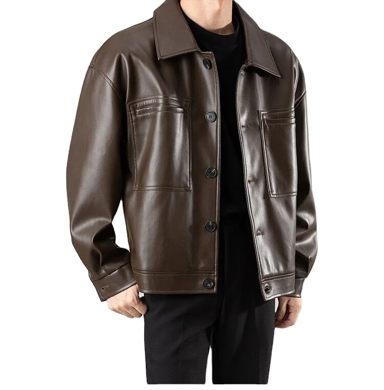Vinage Men's PU Leaher Jacke Loose Shor Syle wih Crocheed Weave for Spring and Auumn Casual Lapel Moorcycle_voghion.com