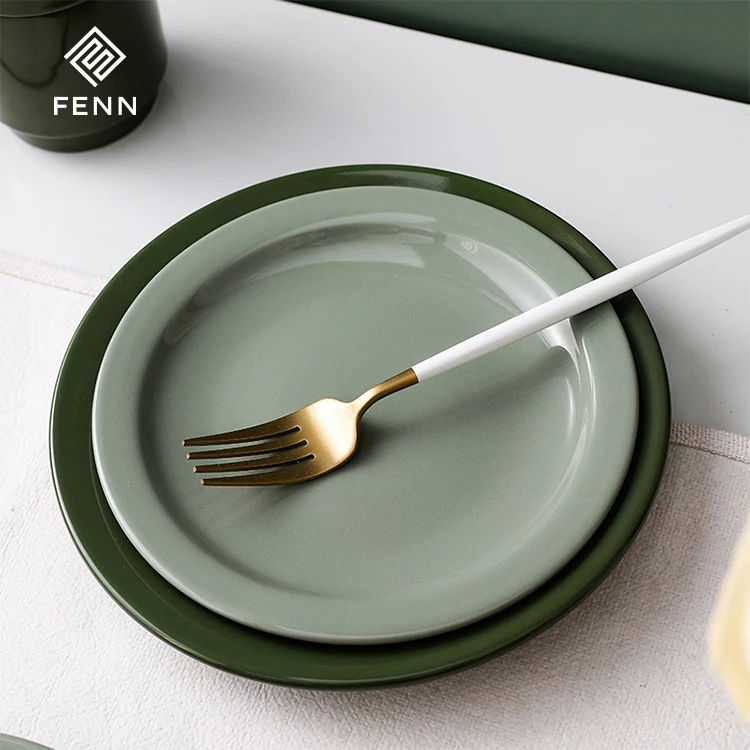 FENN nordic style round shape 7.5/8.5 inch light green and deep green ceramic hot plate porcelain plates for home and restaurant