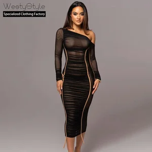 Autumn New Women's Casual Midi Asymmetrical Neckline Ruched Mesh Patchwork Solid European American Style Natural Waist Long