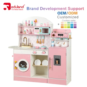 EDULAND Luxury Girl Sets High Quality MDF Preschool Metal Kitchen Play Set with Wooden Baby Food & Toy Playground Area for Kids
