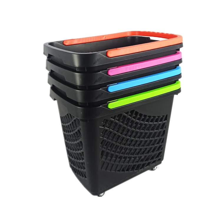 Plastic Shopping Basket With Handles Wheel Supermarket Shopping Cart