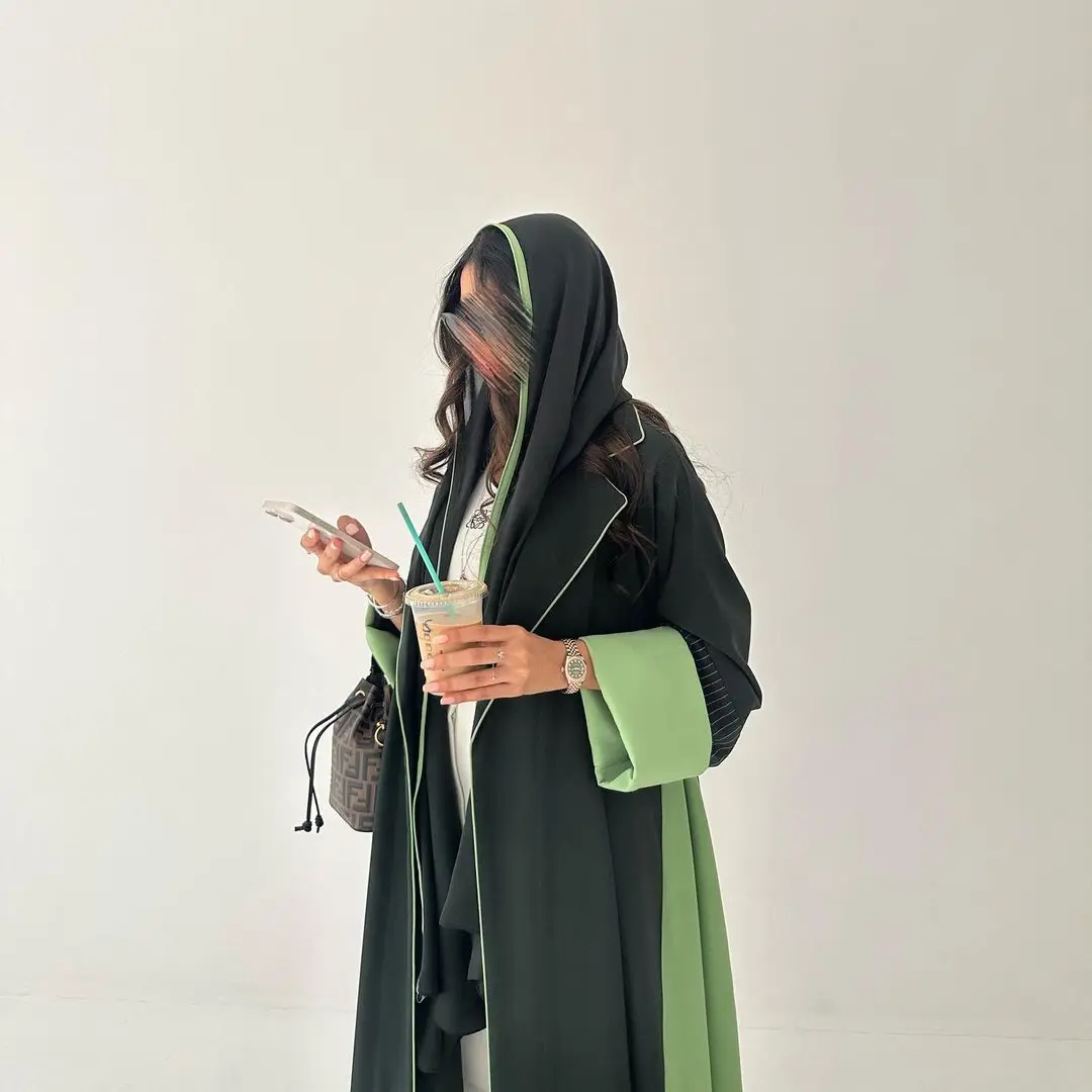 2026 Chic Daily Abaya for Adults Korean Modern Style Dark Green Linen  Unique Patchwork Design Muslim Eid Coat/Dress Dubai Style, image size:1080x1080