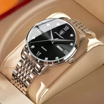 2024 New Fashion Steel Band Men Watch POEDAGAR 856 Waterproof Luminous Date Sport Watches Luxury Men's Quartz Wristwatch reloj