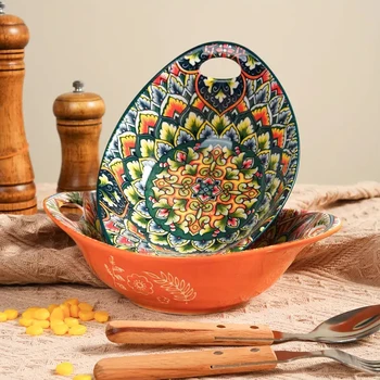 Bohemian Style Ceramic Salad Bowl  with Dual Handles - Microwave Safe Bowls for Soup, Pasta - Decorative Fruit Display Dish