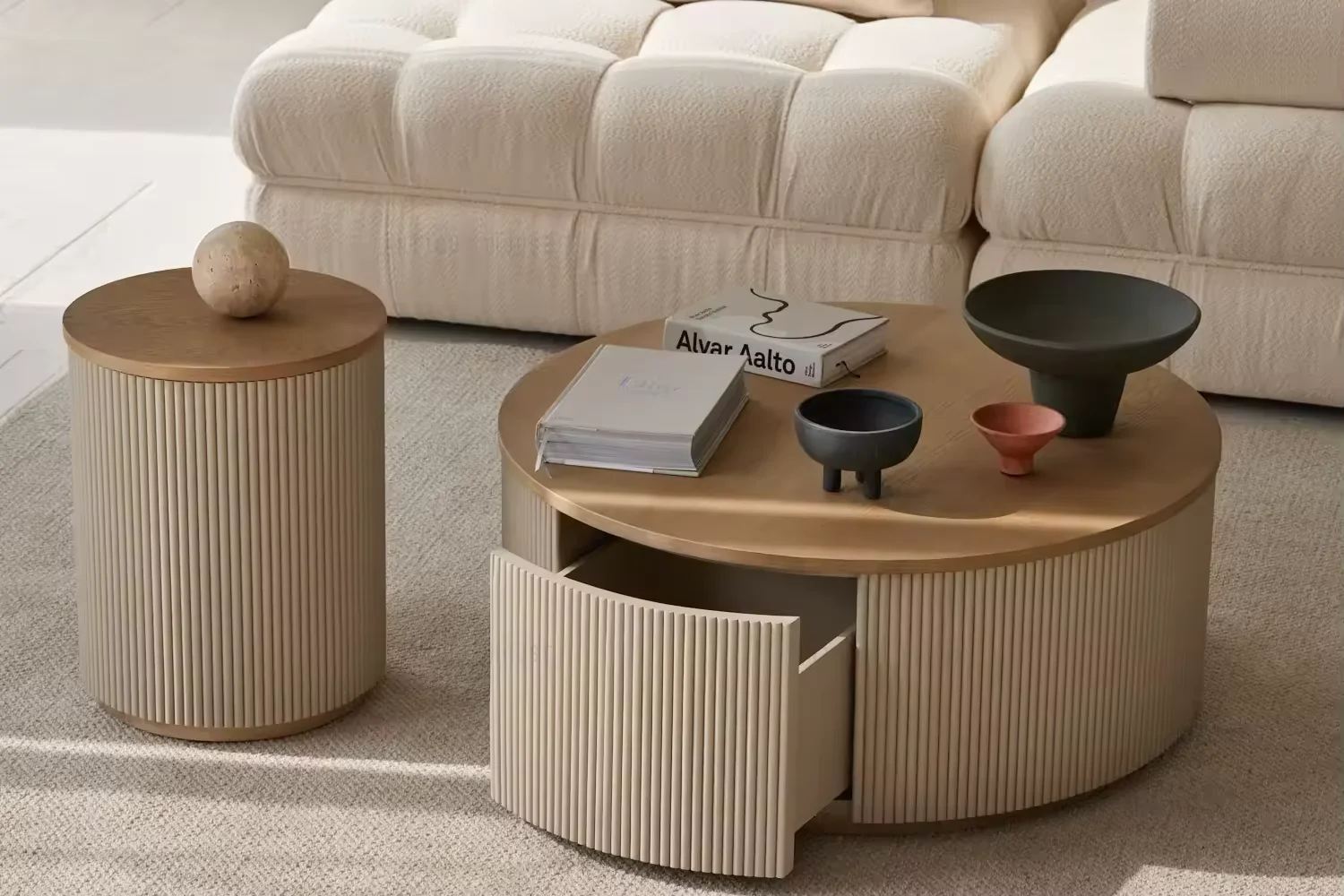 Scandinavian Minimalist Handmade Versatile Reclaimed Oak Round Coffee Table Modern Round Coffee Table with Drawers