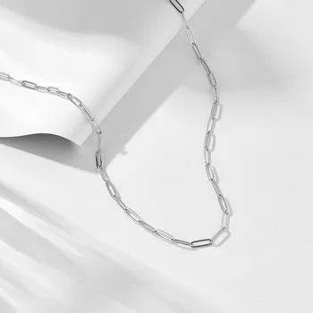 Solid 925 Sterling Silver Cable Link Chain Geometric Paper Clip Necklace-Trendy Necklace for Weddings and Gifts