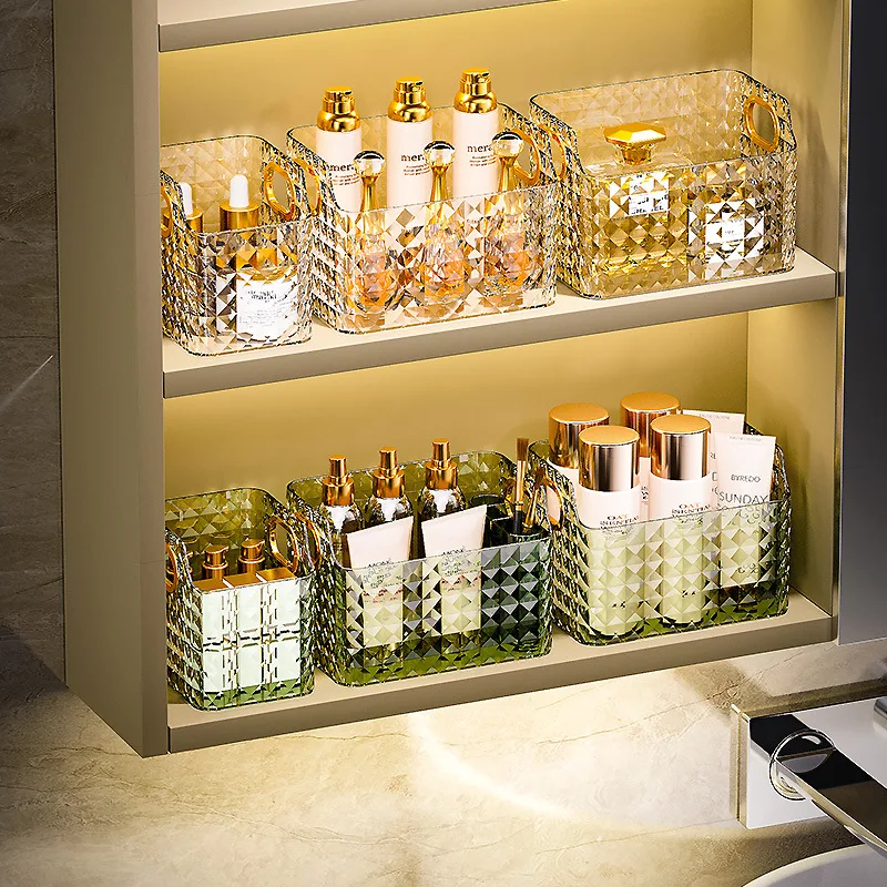 Modern Pvc Rectangle Bathroom Cuboid Cosmetics Makeup Plastic Storage Organizer Bin Box,Gold