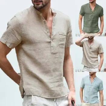 OEM Wholesale Male Short Sleeve Linen Button T-Shirt V-Neck Fashion Summer Solid Casual Cotton Linen polo shirts for men