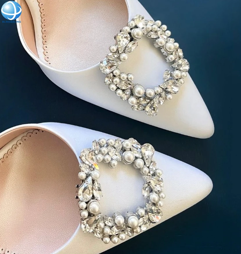 Novo Design Quadrado Branco Pérola Destacável Sapato Clipe Metal