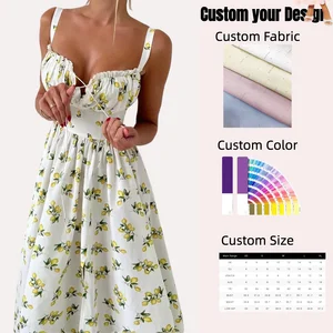 New Summer Floral Print Floor-Length Slip Skirt Spaghetti Strap Low Collar Lace-up High Waist Split Casual Plain Dyed