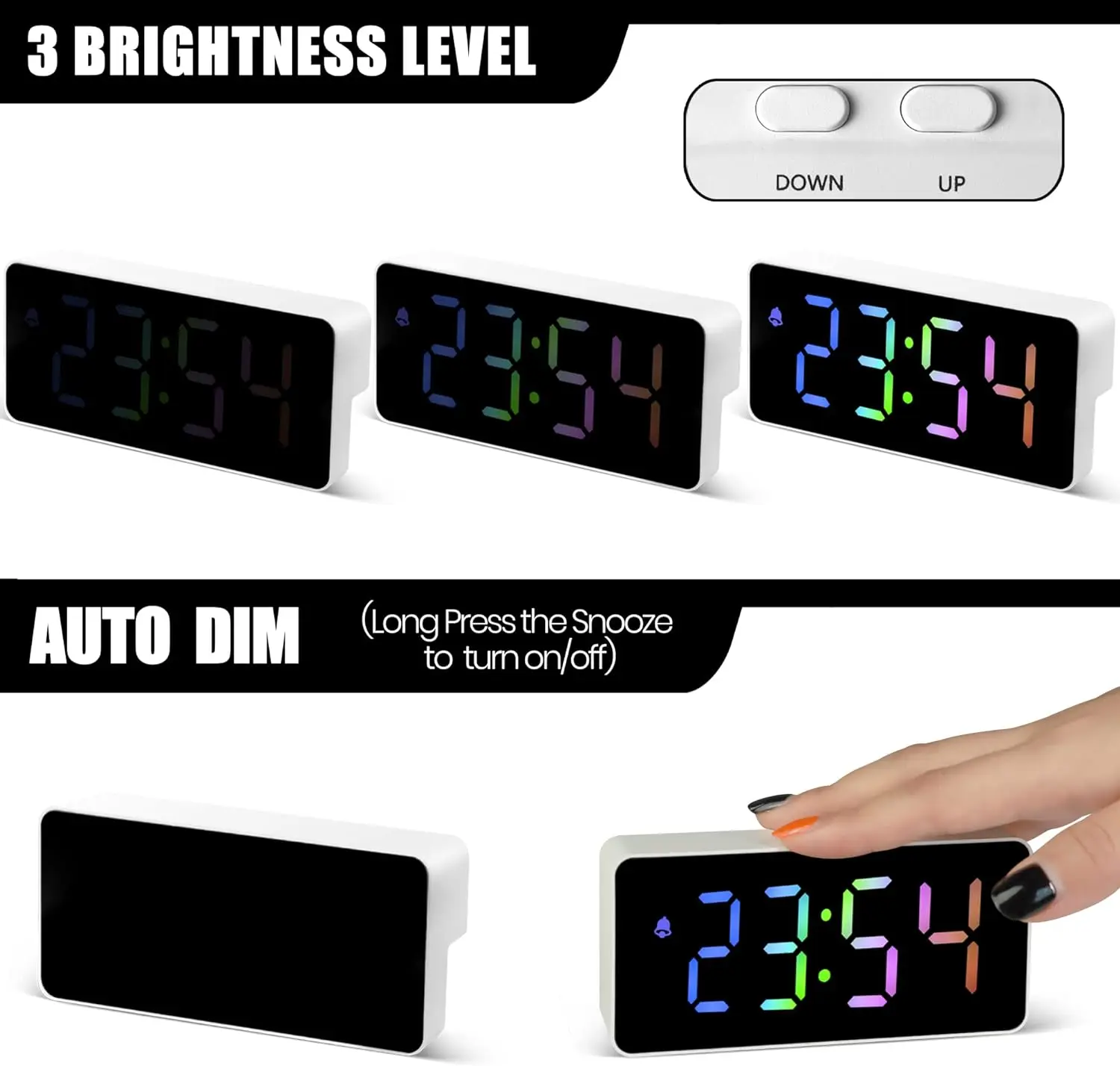 Rainbow Colored Large Number Bold Digit Adjustable Back Light Easy Operation LED Digital Alarm Clock