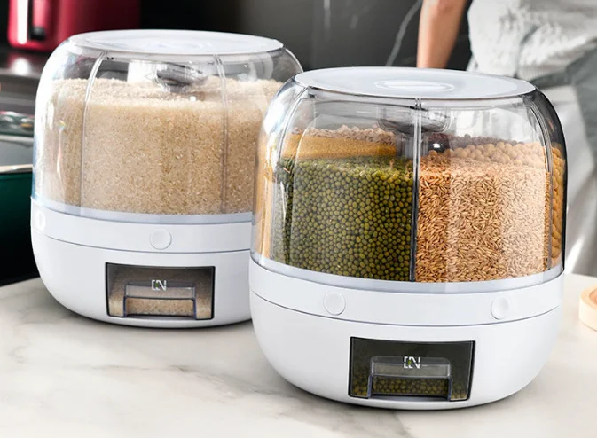 OWNSWING Grain Dispenser 360 Rotating 6 Grid Food Dispenser Rice and Grain Storage Container