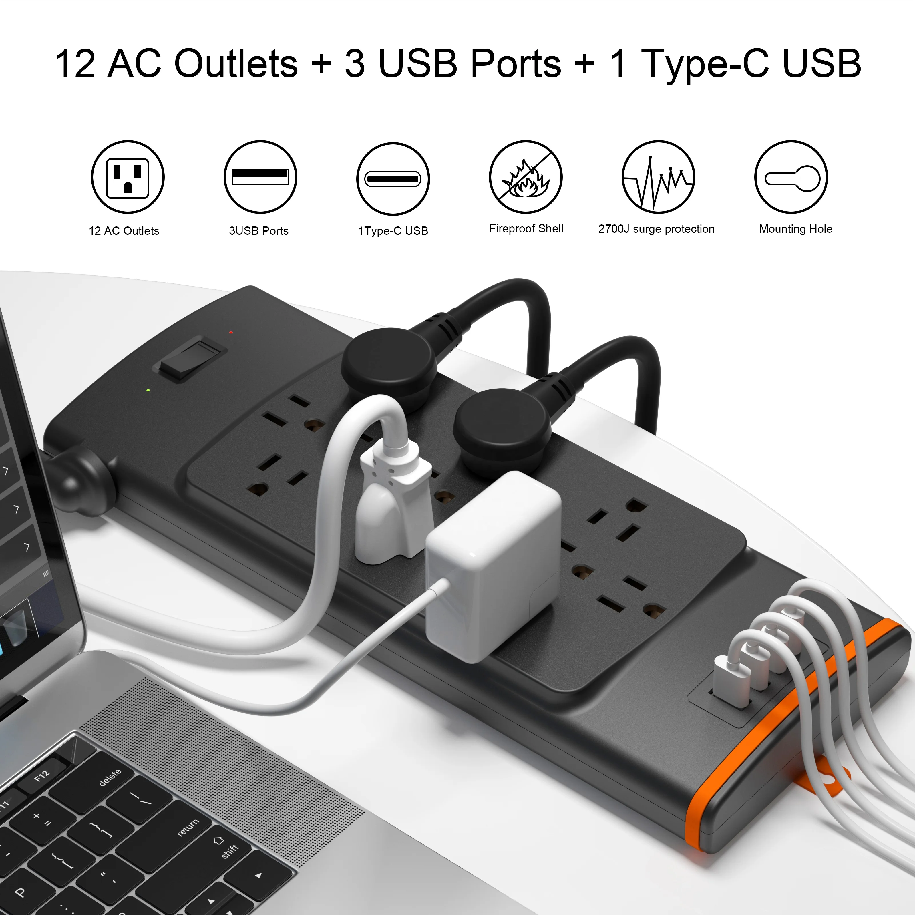Us 12 Ac Outlet 2700 Joule Power Strip Multi Plug Extension Board With