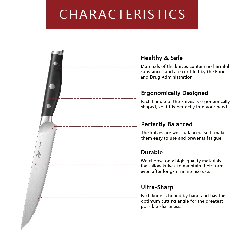 Paudin G5 8 Inch Ultra Sharp Modern 5Cr15Mov Stainless Steel Kitchen Knife With Ergonomically Designed ABS Handle Carving Knife