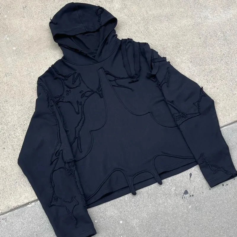 Salati Latest Design Heavyweight 500GSM Cut and Sew Embroidery Distressed Patch Hip Hop Stone Acid Washed Hoodie Manufacturer gallery 4