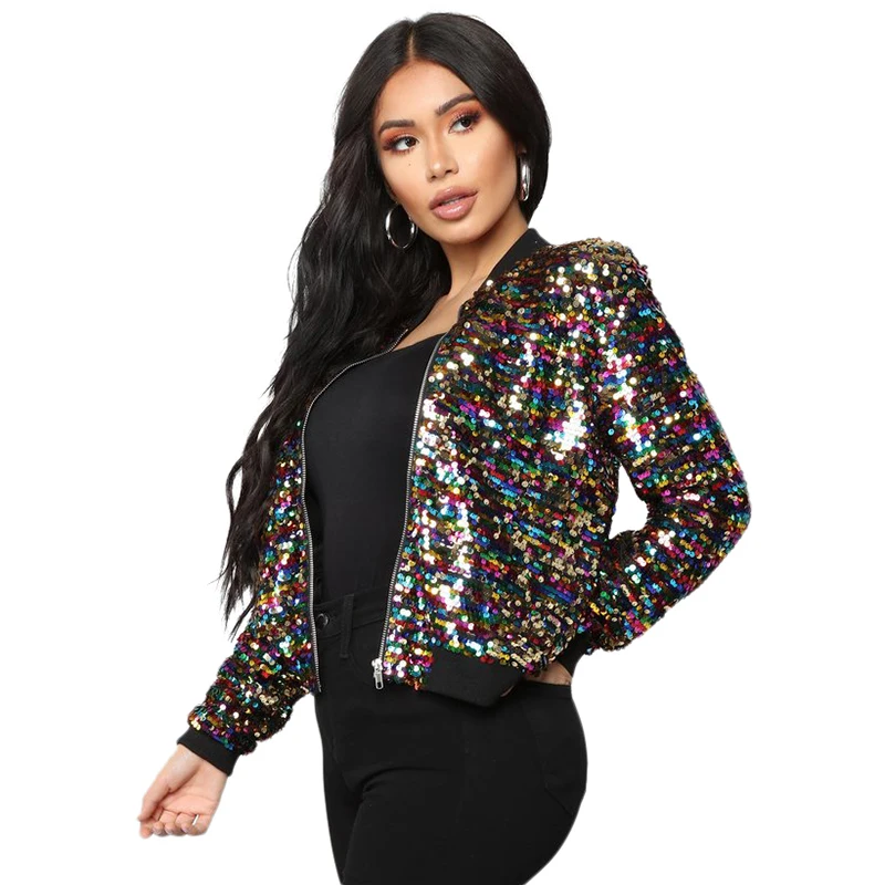 X-Future Womens Stylish Sequins Zip-up 3/4 Sleeve Bomber Jackets Clubwear