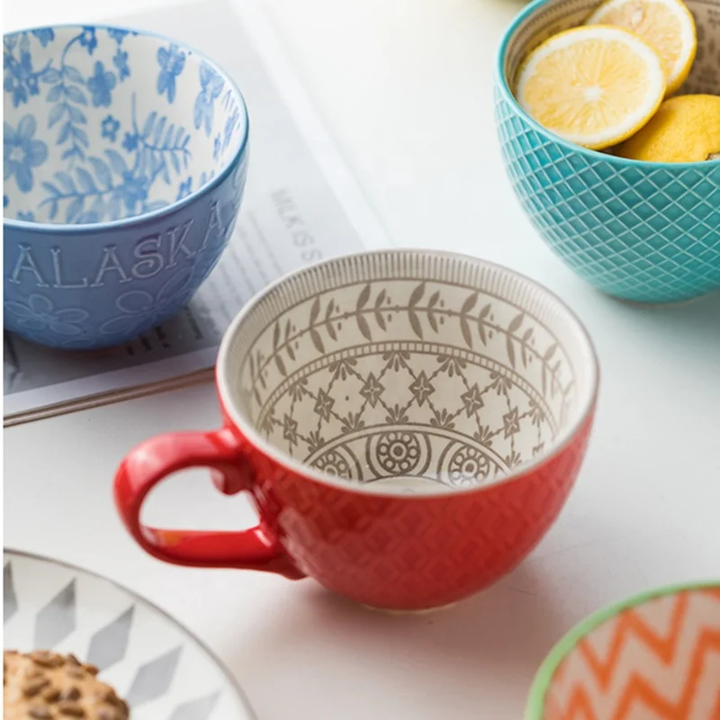 Hot Selling Retro Creative Embossed Ceramic Milk Dessert Cup