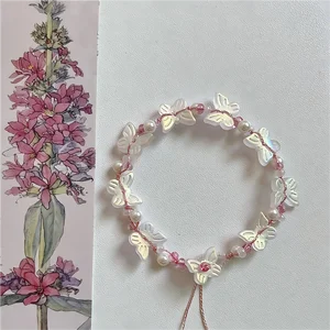 Elegant Butterfly Bracelet with Pearl Pink Crystal Beads Handmade Iridescent Shell Charm Bracelet for Women Gift Daily Wear