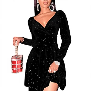 Womens Wrap V Neck Spaghetti Strap Long Velvet A-Line Cocktail Party Swing Fit Flare Skater Mini Dress Anti-Wrinkle Illusion