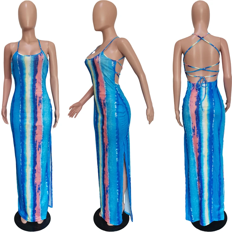 2021 Fashion Female Maxi Strap Dress Backless Tie Dye Summer Women Party Long Tight Dresses