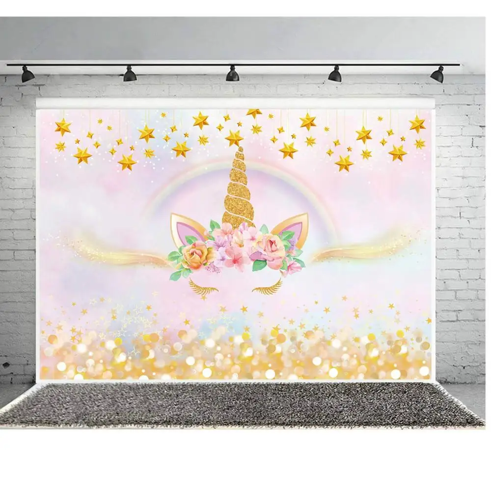 Unicorn Backdrop Happy Birthday Party Decorations For Girls Watercolor Floral Glitter Stars Dots
